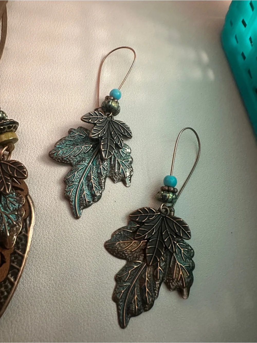 Teal and Bronze Leaf Pendant Necklace and Earrings Set in Patina Bronze